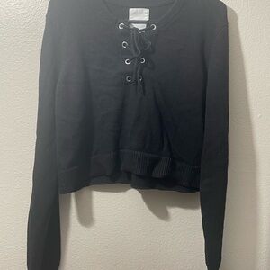 Avec Les Filles Black Lace-Up Cropped Sweatshirt